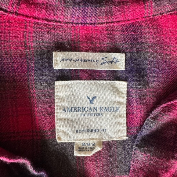 American Eagle Outfitters Bright Pink and Gray Plaid Flannel Shirt Medium - Picture 2 of 9